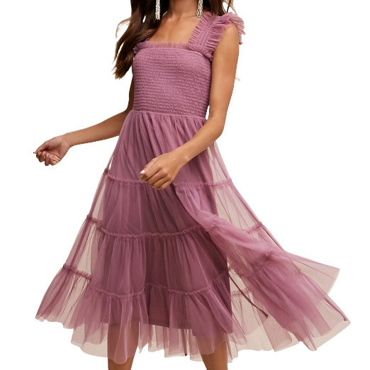 Ruffle Tiered Mesh Maxi Dress