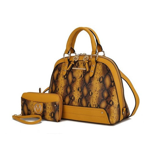 Snake Embossed Satchel Bag & Wallet