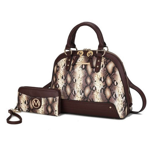 Snake Embossed Satchel Bag & Wallet