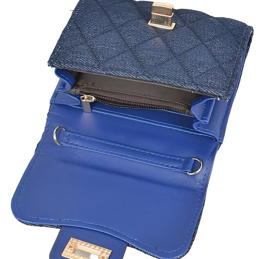 Quilted Denim Crossbody Bag with Gold Chain