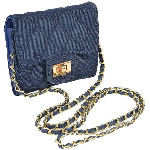 Quilted Denim Crossbody Bag with Gold Chain