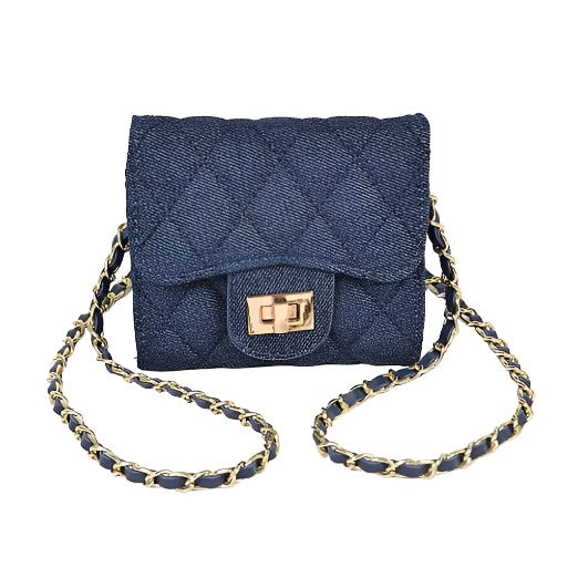 Quilted Denim Crossbody Bag with Gold Chain