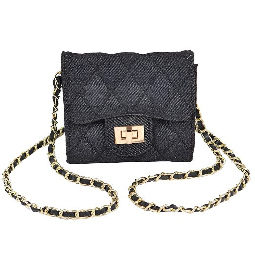 Quilted Denim Crossbody Bag with Gold Chain