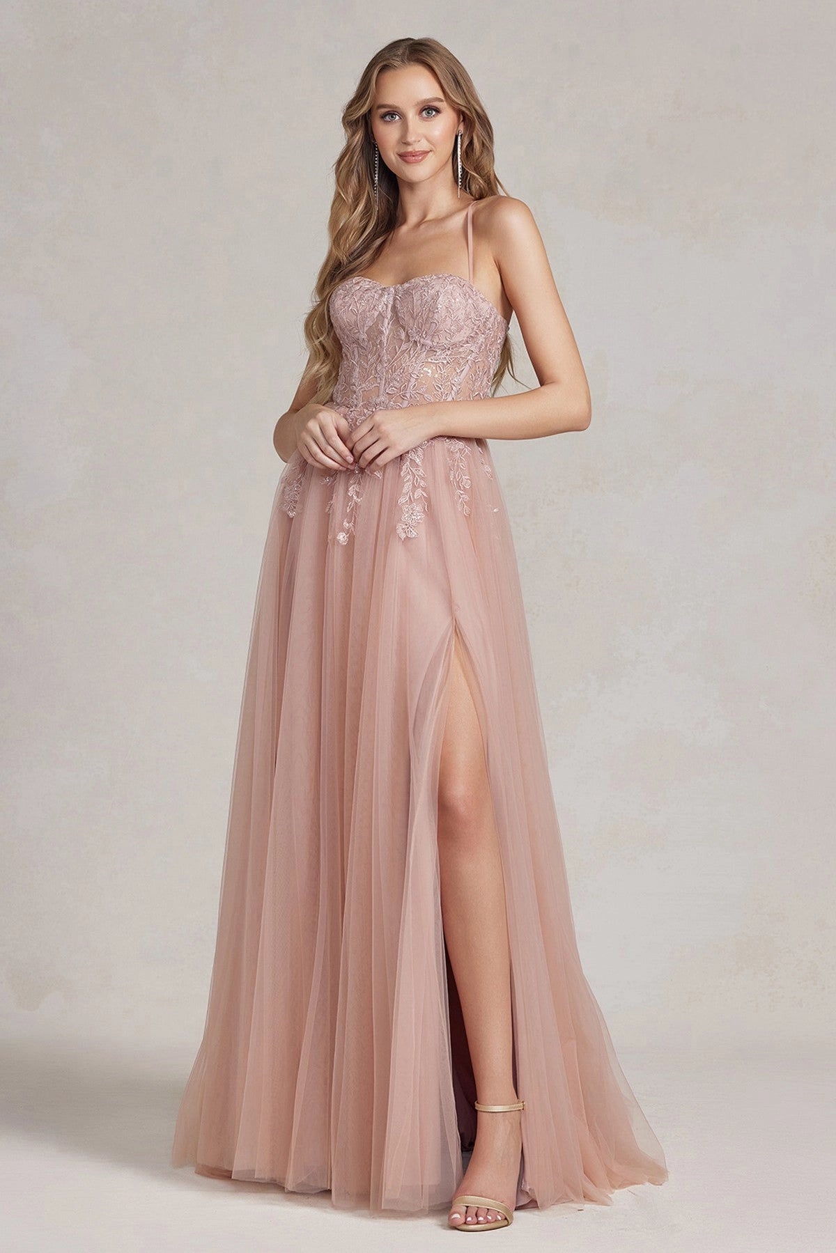 Open Back Tulle Prom Floral A-Line Formal Gown