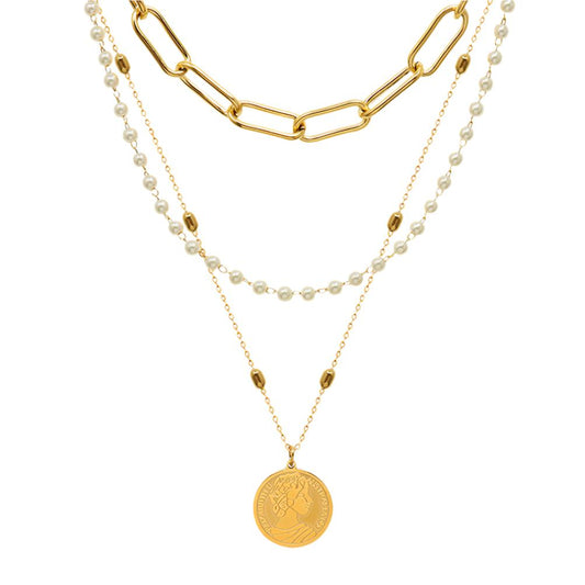 Pearl Gold Steel Three-Layered Necklace