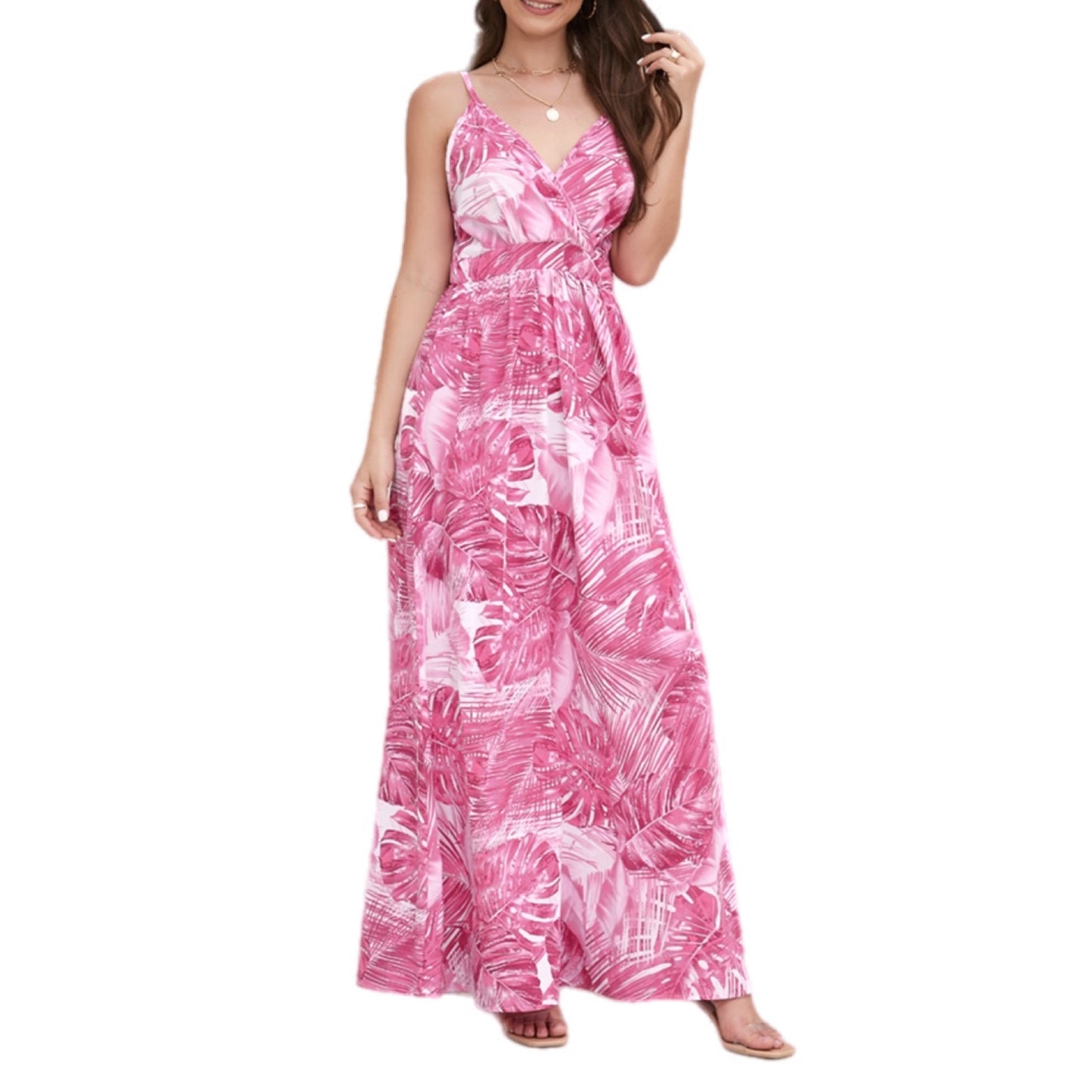 Tropical Print V-Neck Maxi Dress