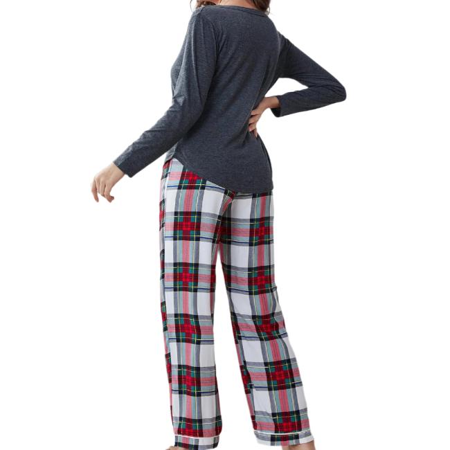 Buttoned Long Sleeve Top & Plaid Pants Pajama Set