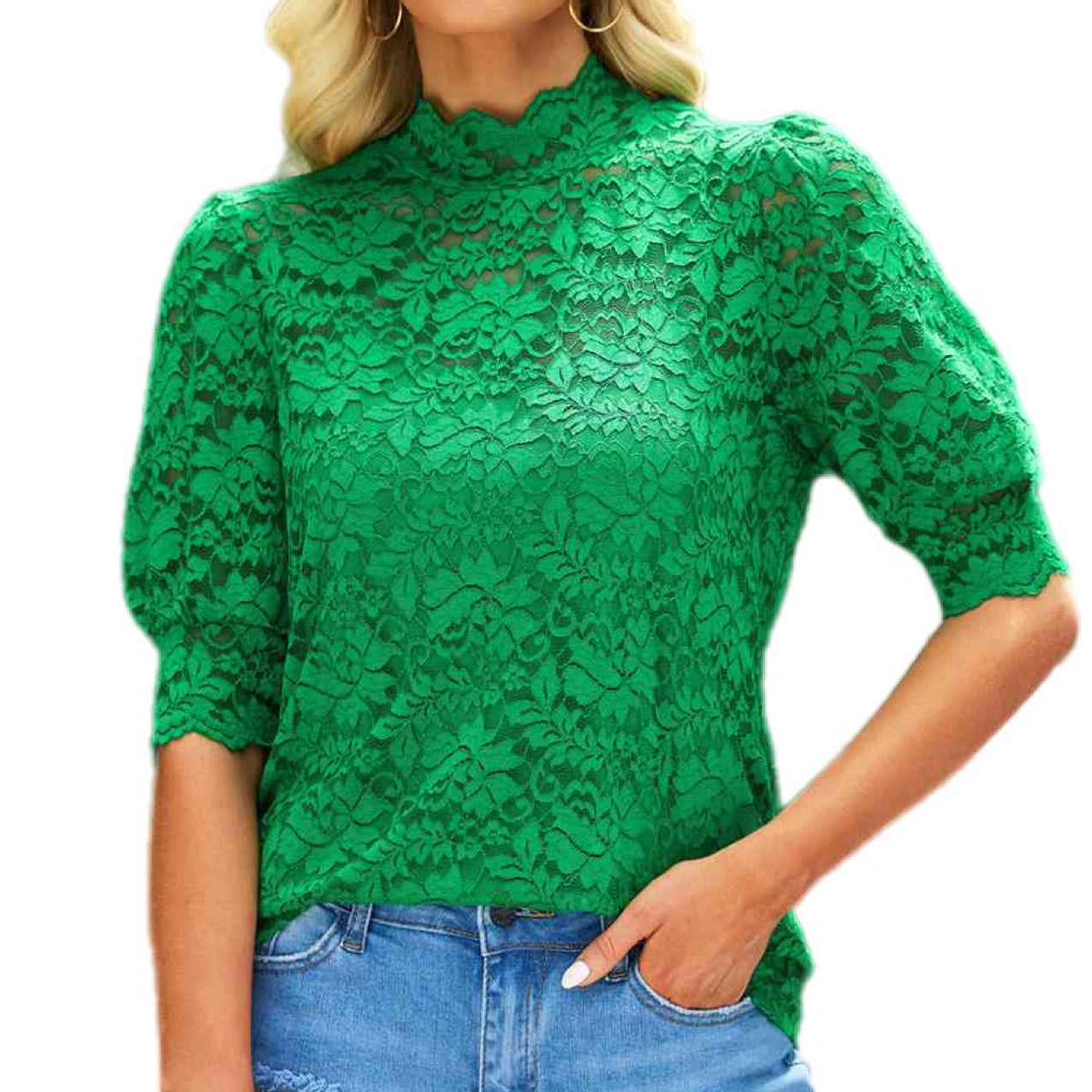 Lace Scalloped Short Puff Sleeve Top