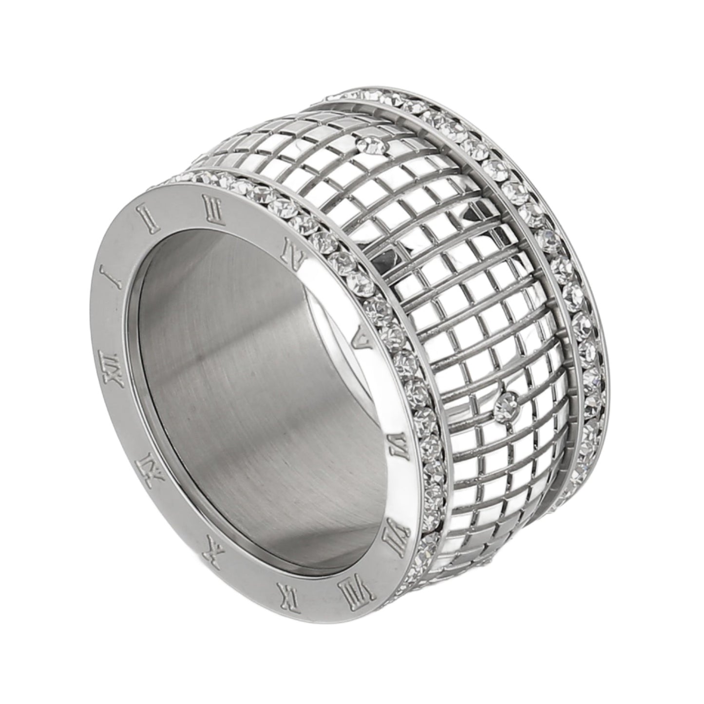 Dazzle Grid Rhinestone Embedded Stainless Steel Ring