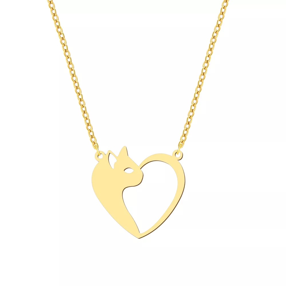 Gold Steel Heart Cat Charm Necklace