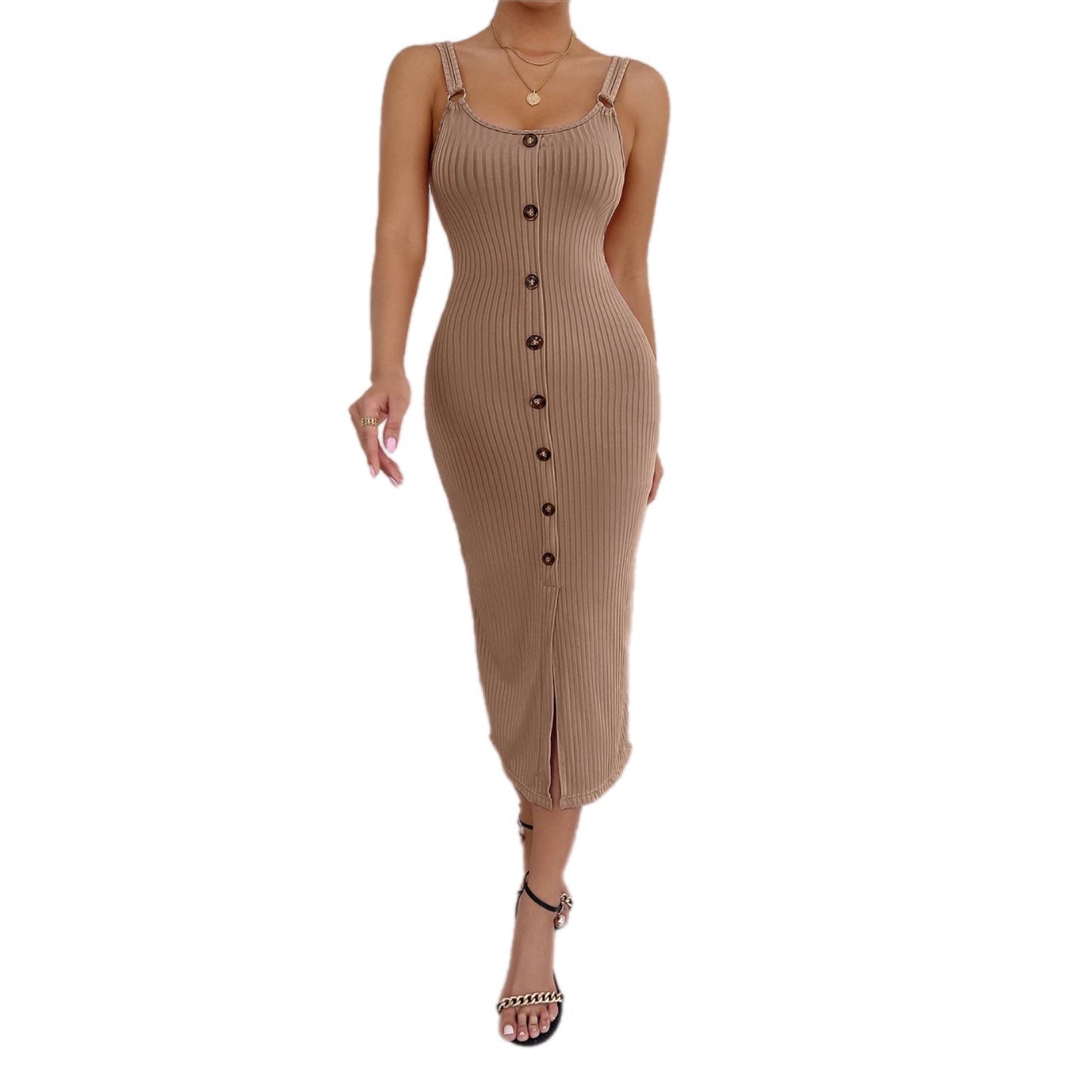 Chic Buttoned Ribbed Midi Dress