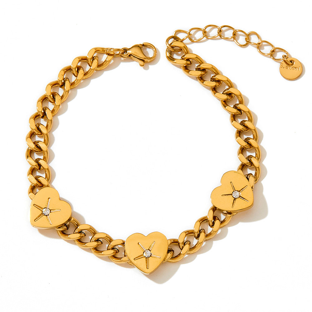 Gold or Silver Steel Heart Charm Bracelet with CZ Accents