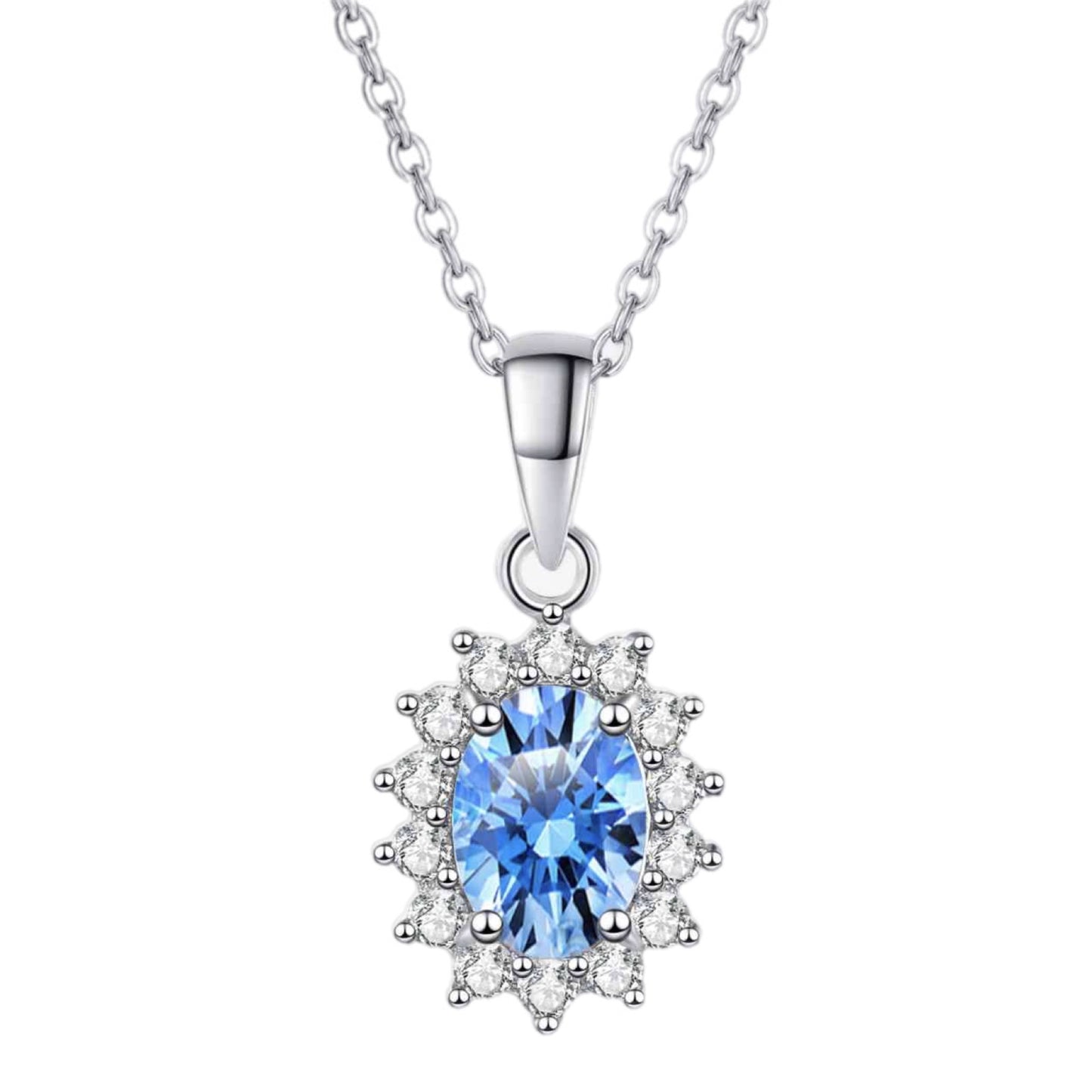 Blue Moissanite Sterling Silver Oval Charm Necklace