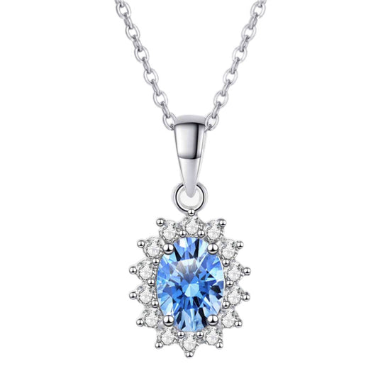 Blue Moissanite Sterling Silver Oval Charm Necklace