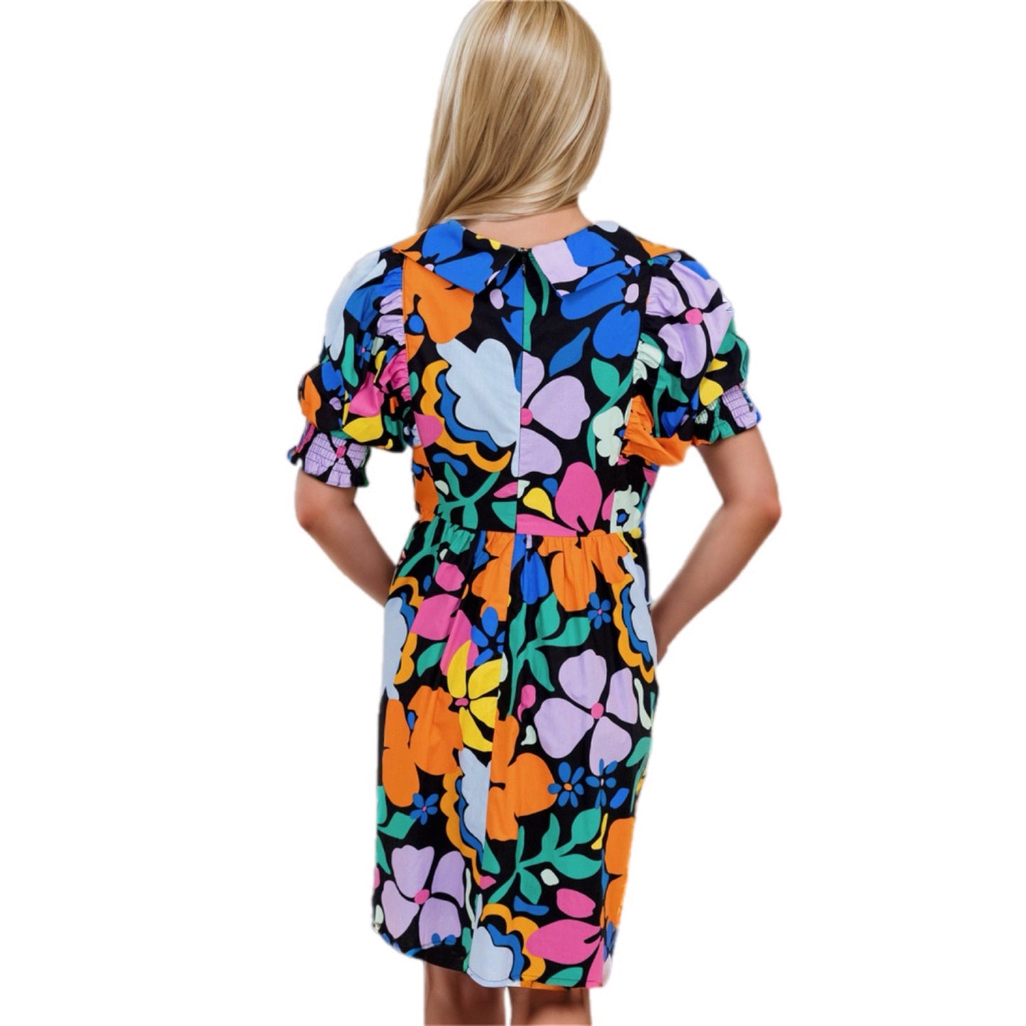 Bold Floral Print Puff Sleeve Dress