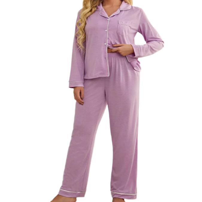 Contrast Piping Button Down Top &  Pants Pajama Set