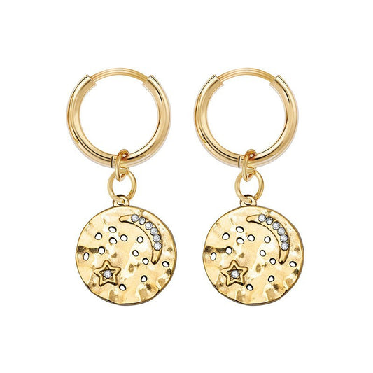 Gold Steel Celestial Dangle Hoop Earrings