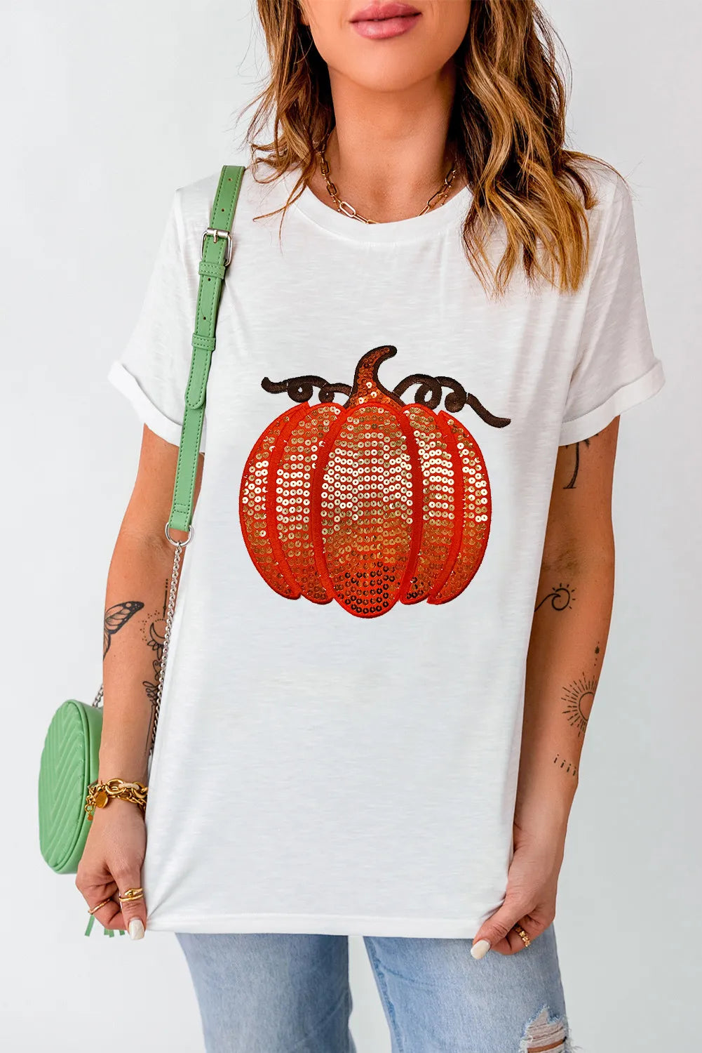 Sequin Pumpkin Round Neck Short Sleeve T-Shirt