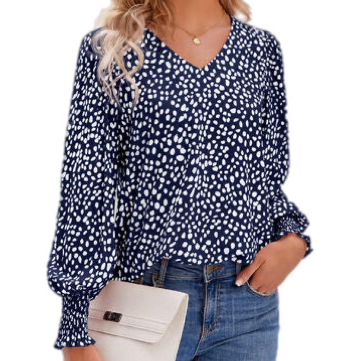 Printed V-Neck Lantern Sleeve Blouse