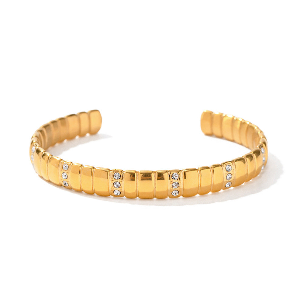 Gold Steel Cuff Bracelet with CZ