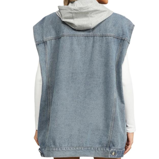 Removable Hood Button Up Denim Vest