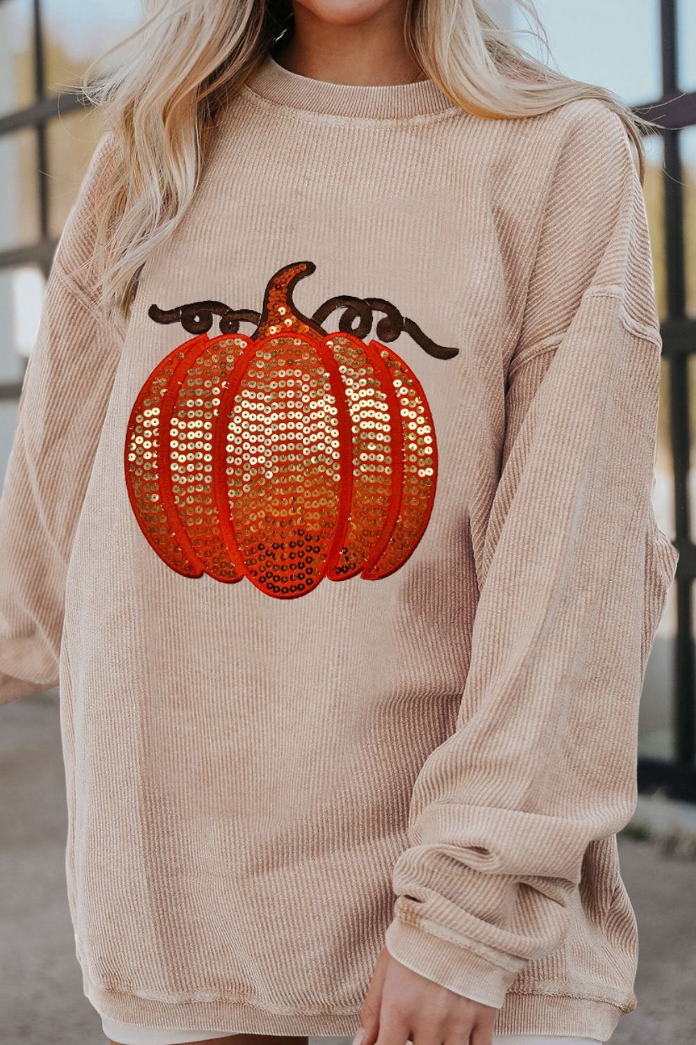 Sequin Pumpkin Round Neck Sweatshirt