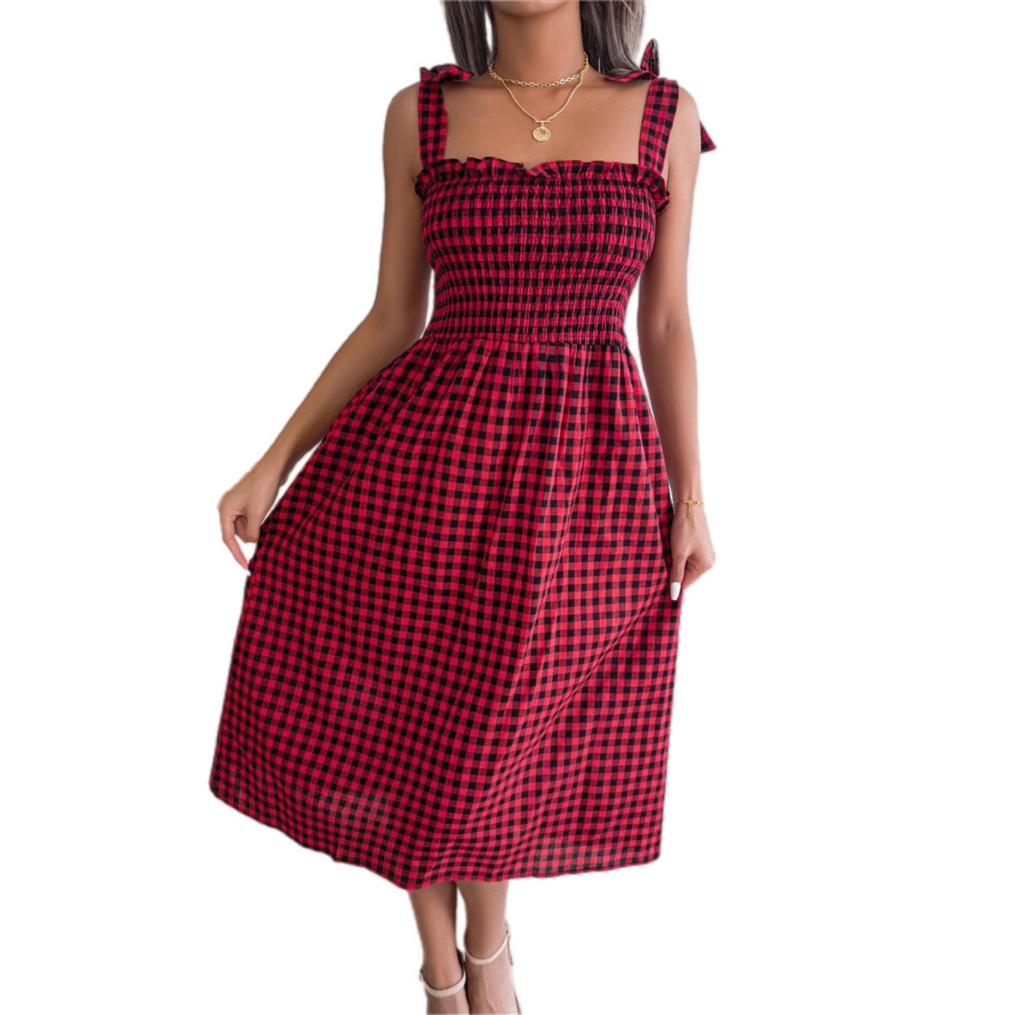 Retro Frill Plaid Midi Dress