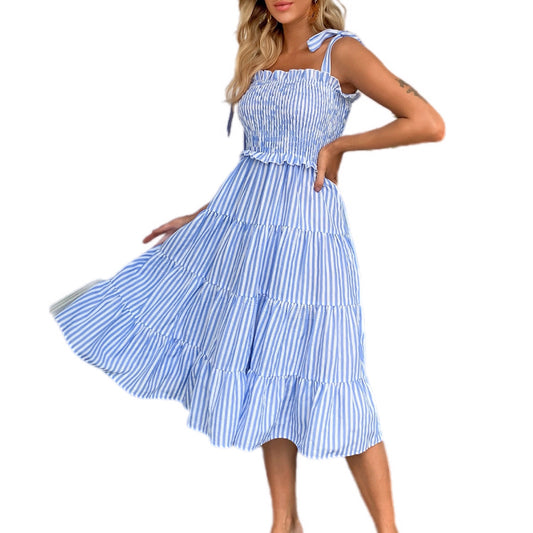 Smocked Tie-Shoulder Tiered Midi Dress