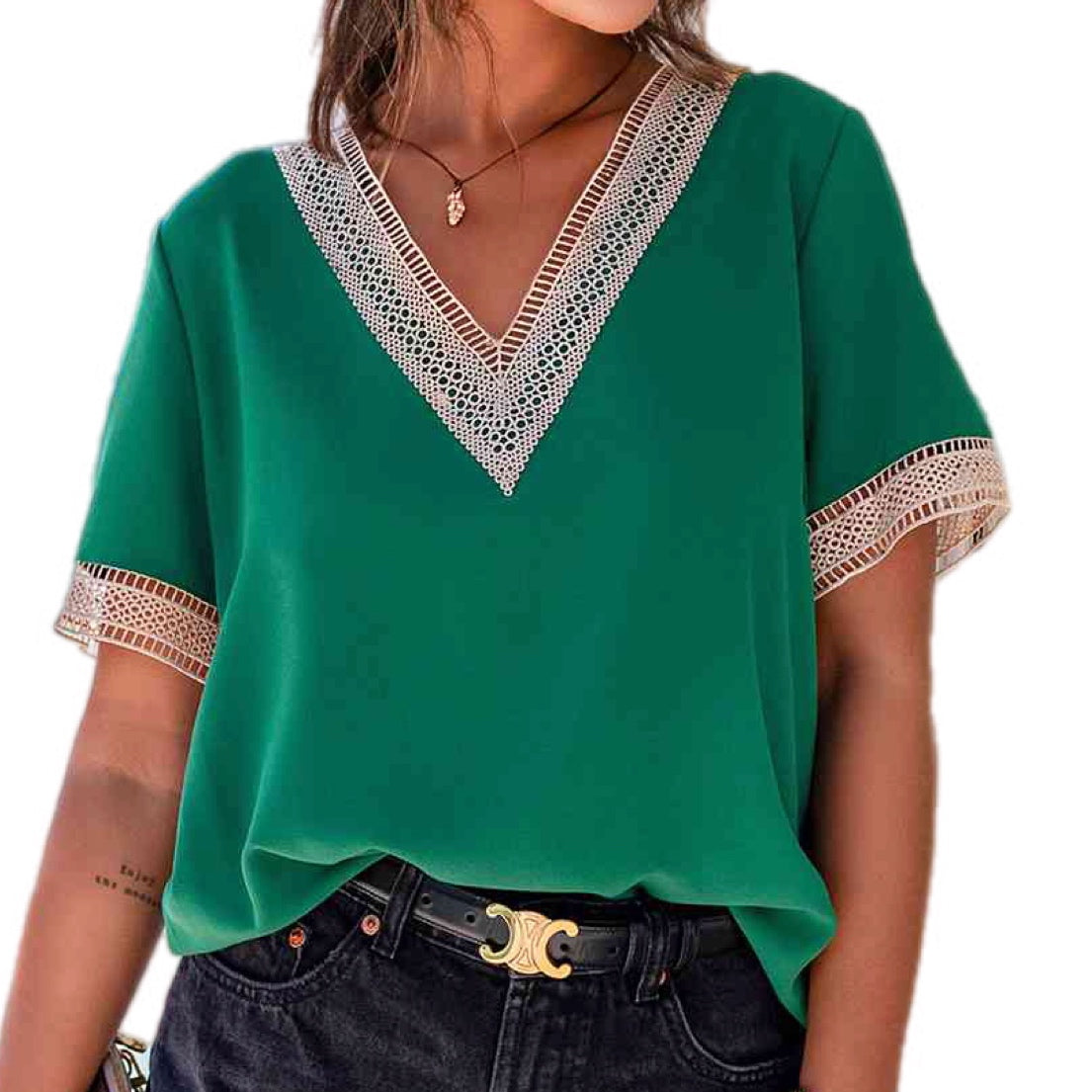 Lace Contrast V-Neck Blouse