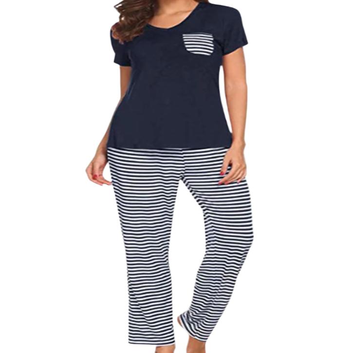 Pocketed Short Sleeve Top & Striped Pants Pajama Set