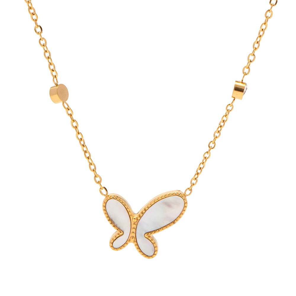 Mother Of Pearl Butterfly Gold Steel Charm Necklace