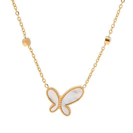 Mother Of Pearl Butterfly Gold Steel Charm Necklace