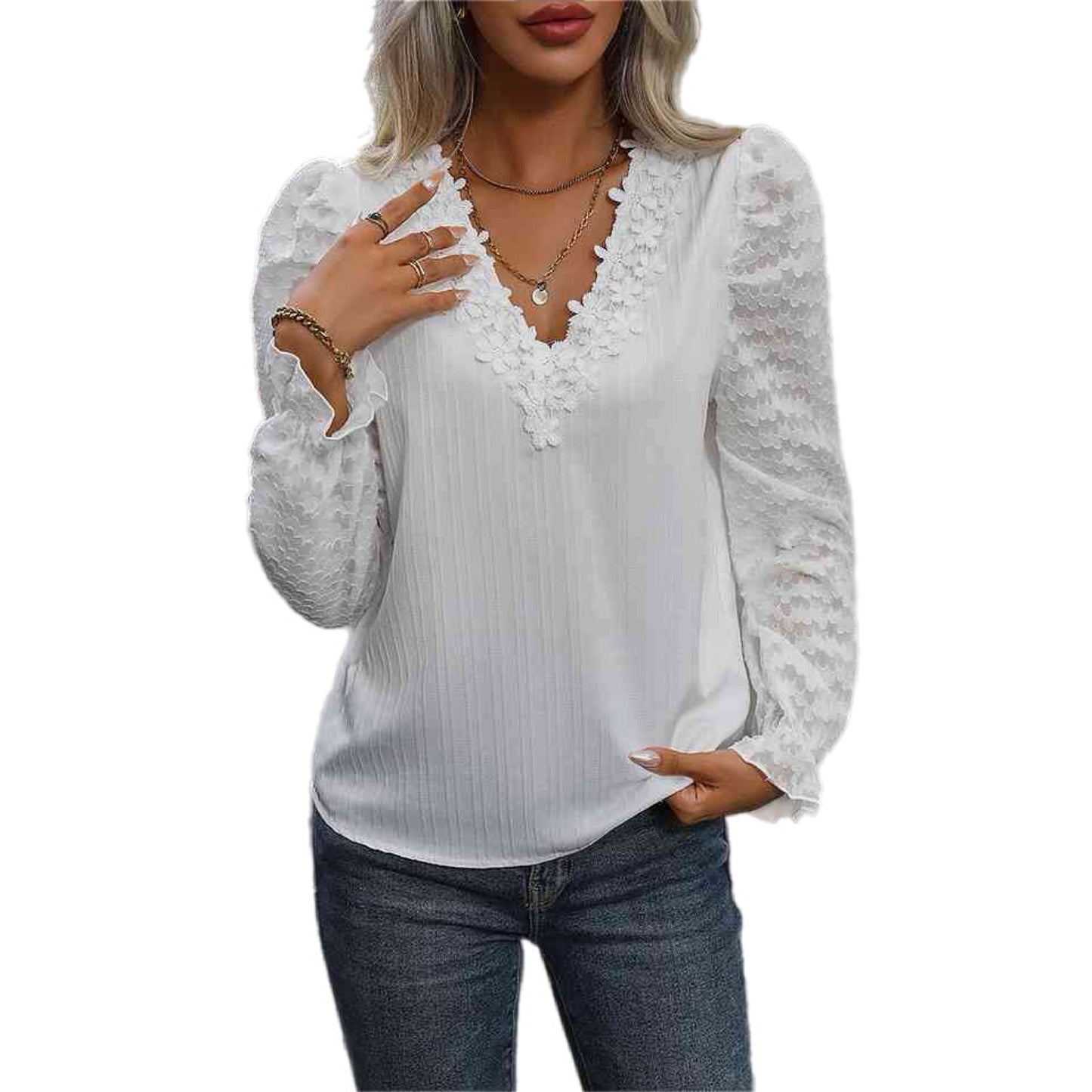 Lace V-Neck Flounce Sleeve Blouse