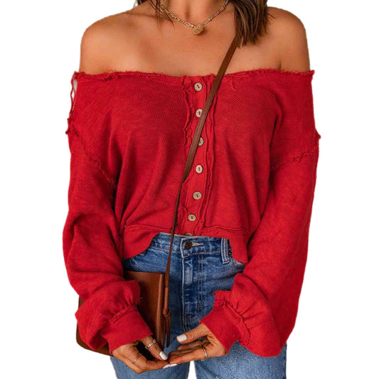 Plunge Button Frayed Knit Top