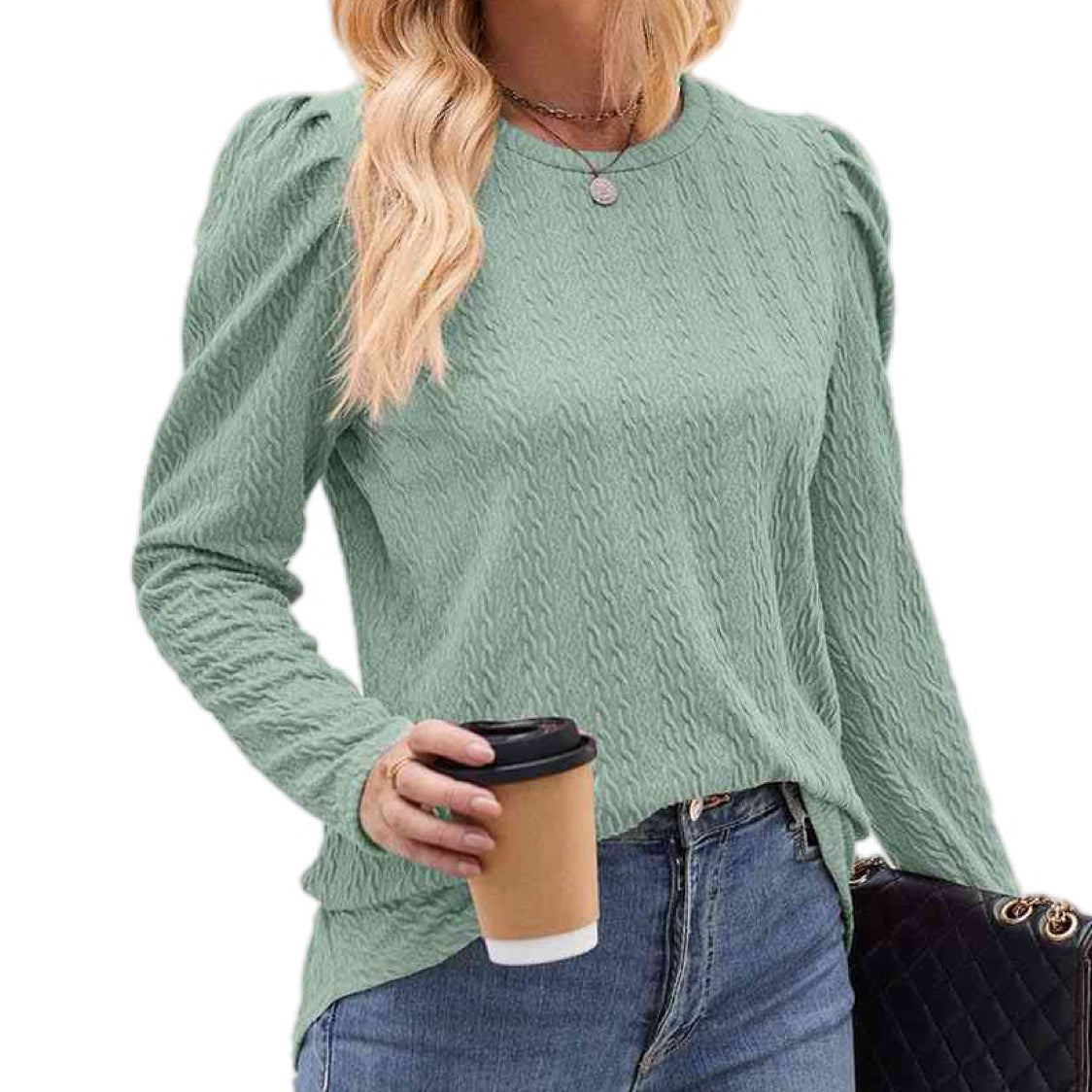 Chic Round Neck Puff Sleeve Blouse