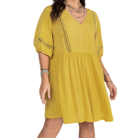 Plus Size Eyelet Swiss Dot Half Sleeve Mini Dress