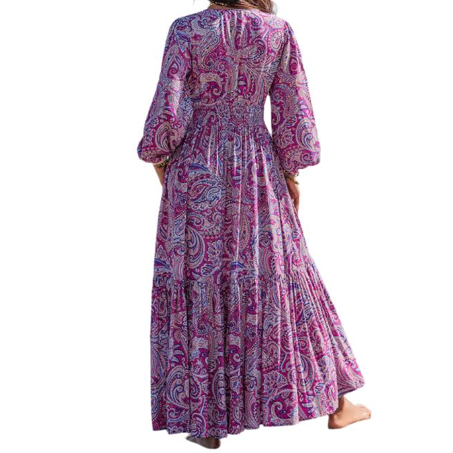 Printed Tie Neck Balloon Sleeve Maxi Dress