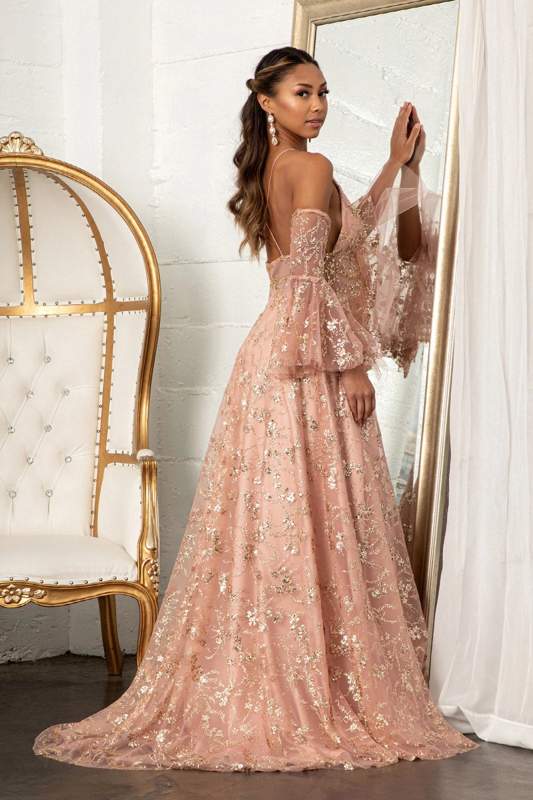 Detachable Long Sleeves Floral Formal Gown