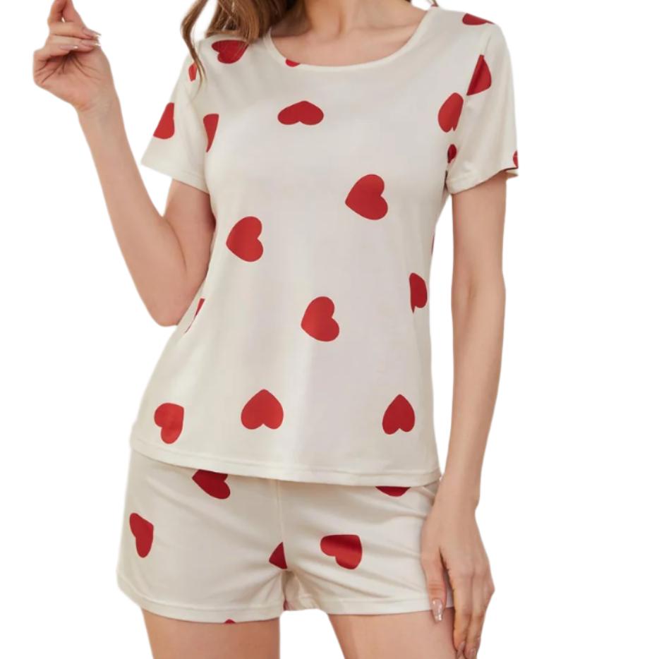 Heart Round Neck Top & Shorts Pajama Set