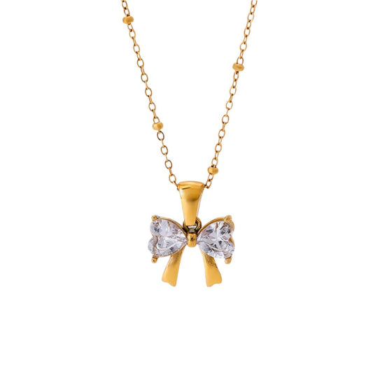 Gold or Silver Steel Inlaid Zircon Bow Necklace