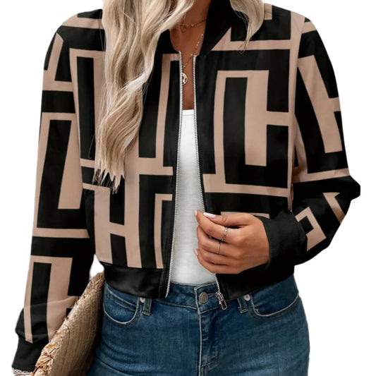 Geometric Baseball Collar Zip Up Jacket