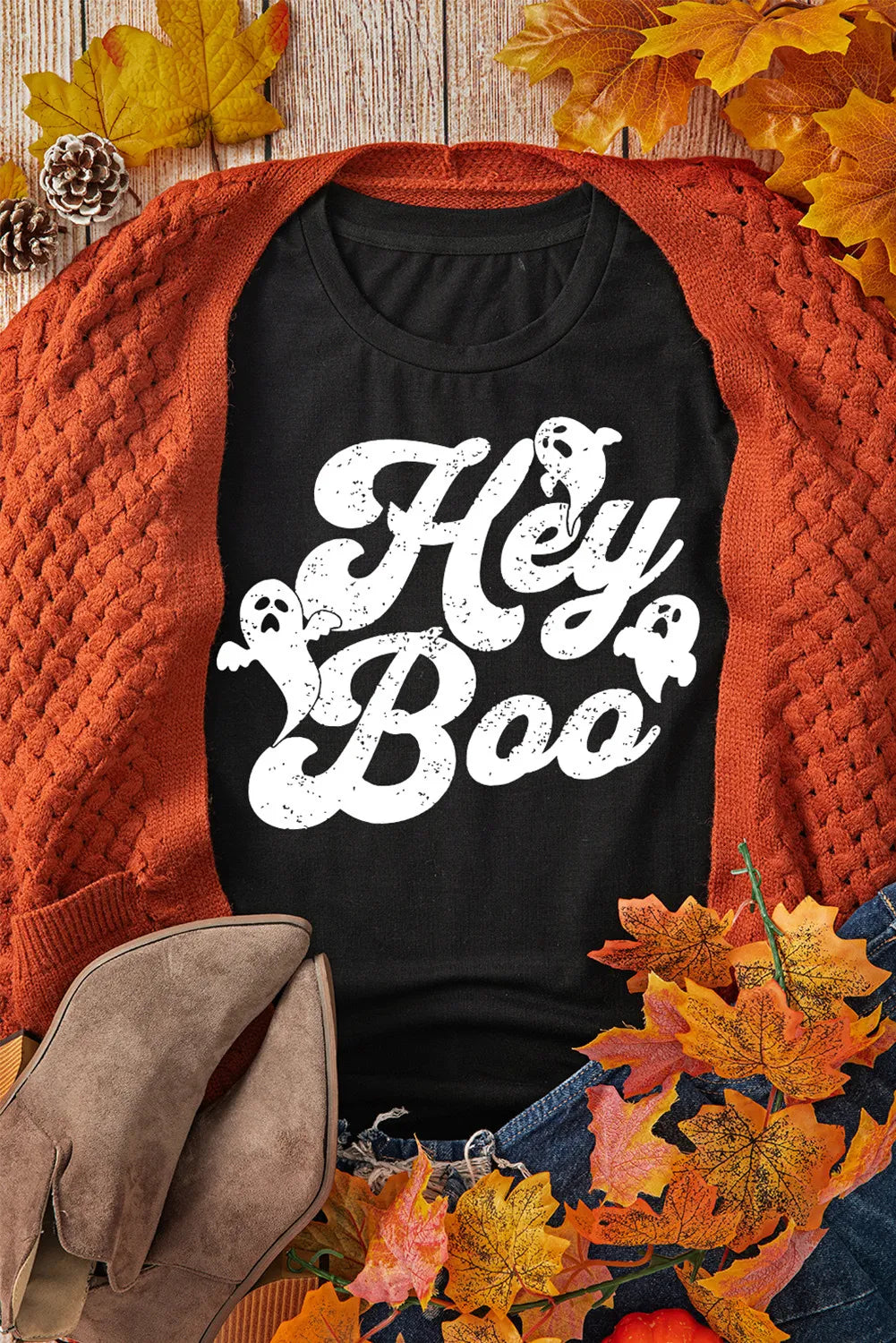 Hey Boo Halloween Graphic Round Neck Short Sleeve T-Shirt