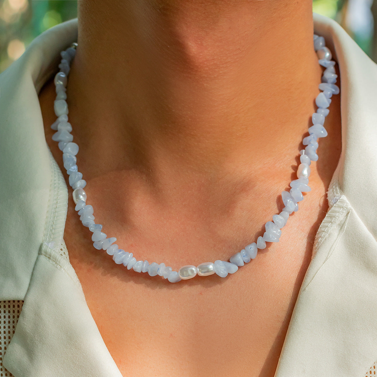 Blue Quartz & Pearl Beaded Necklace