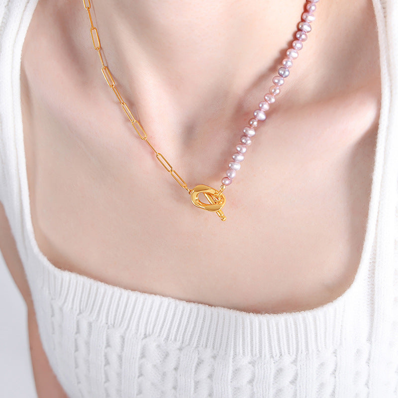 Lavender Freshwater Pearl & Gold Steel Chain Necklace