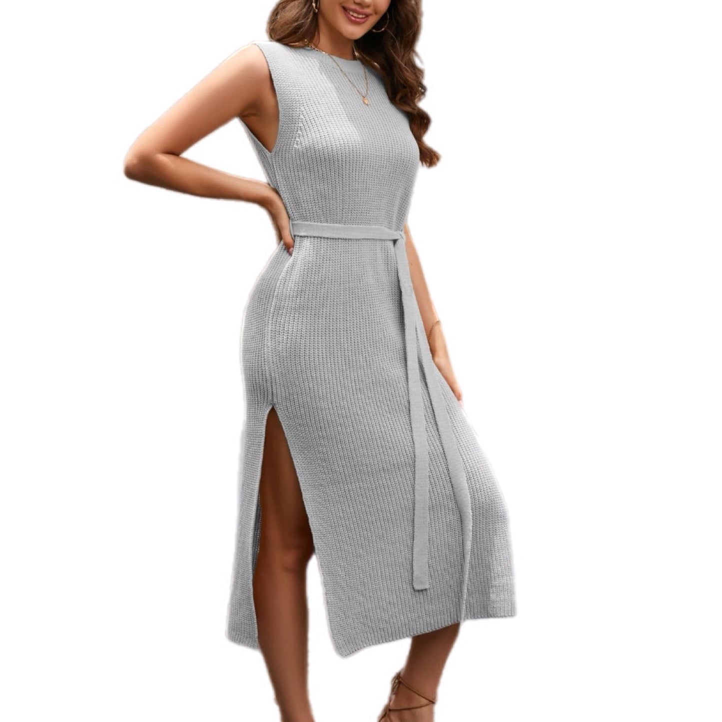 Sleeveless Knit Midi Dress with Side Slit