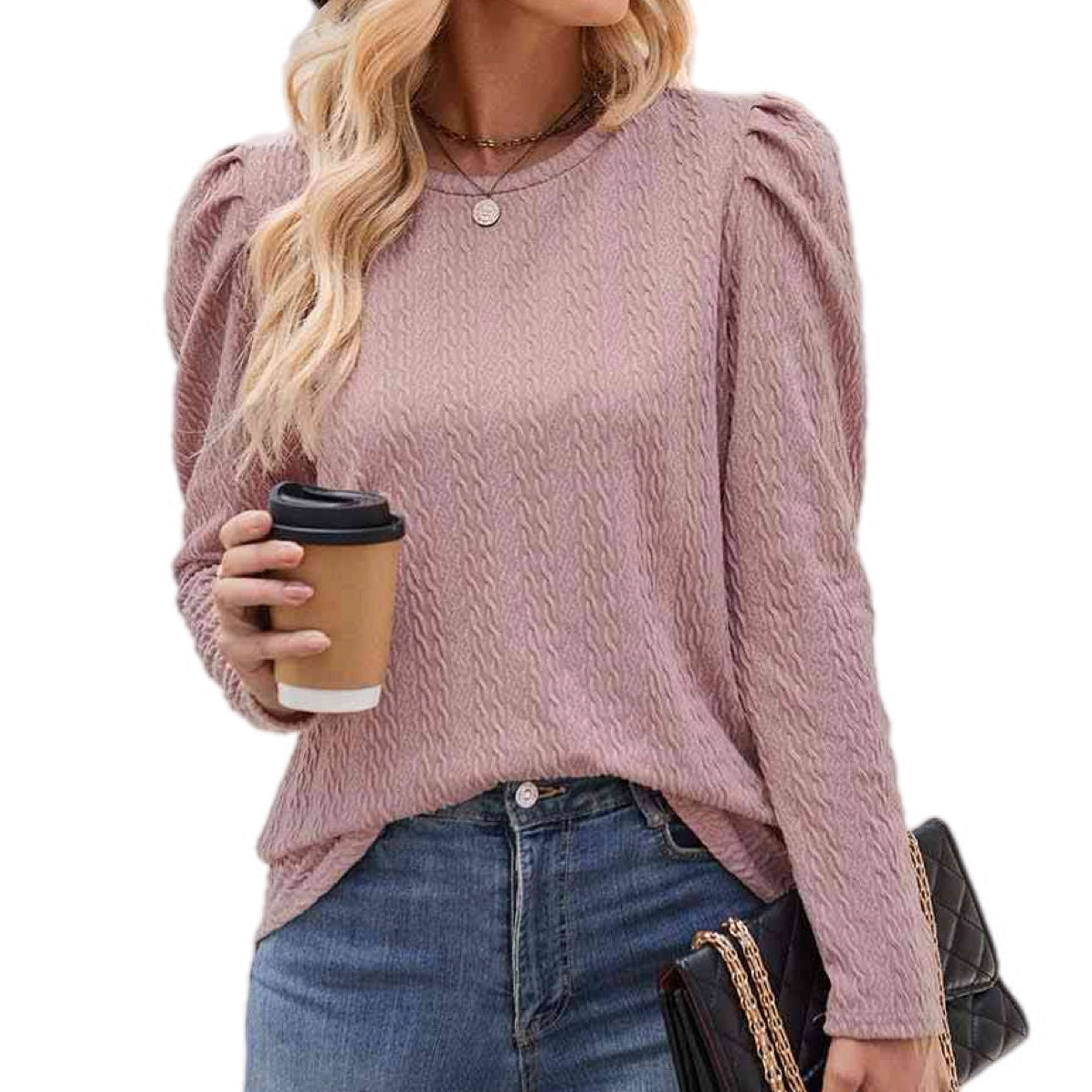 Chic Round Neck Puff Sleeve Blouse