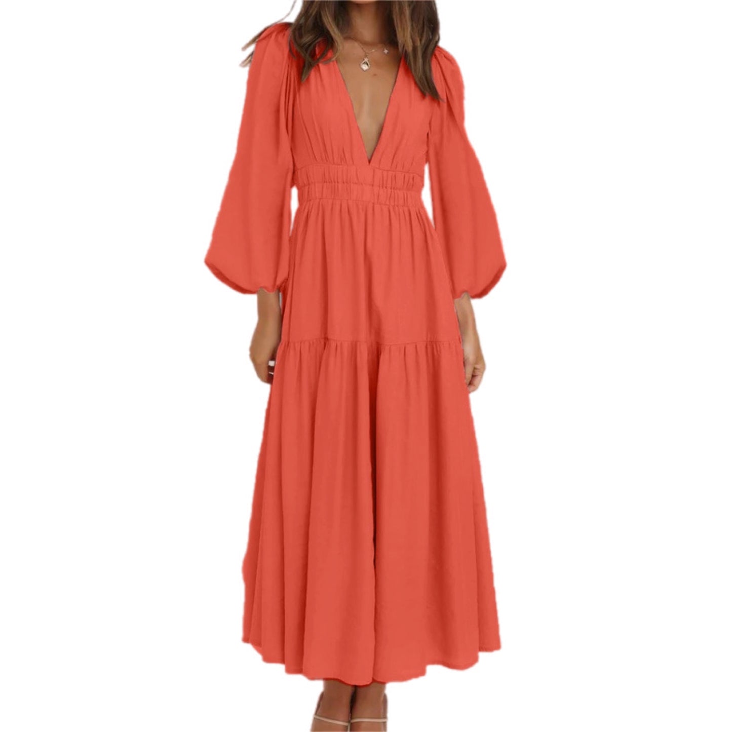 Deep V-Neck Balloon Sleeve Plain Maxi Dress