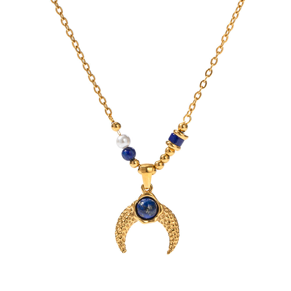 Gold Steel Lapis Lazuli & Pearl Crescent Moon Charm Necklace