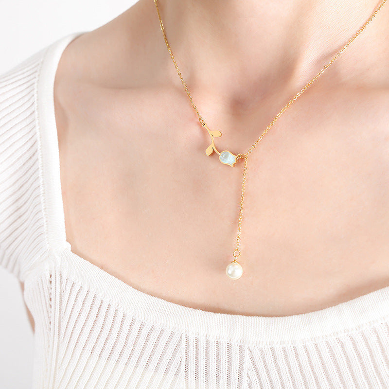 Gold Steel Rose & Pearl Lariat Necklace