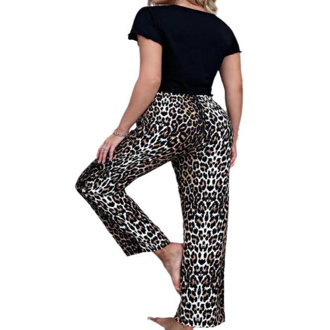 Lettuce Trim Cropped T-Shirt & Leopard Pants Pajama Set